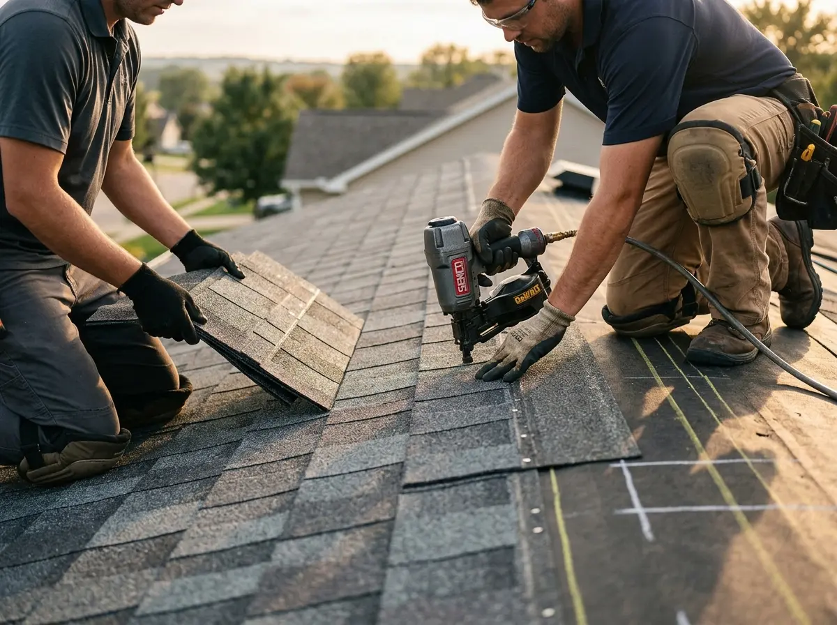 Professional roofer working on a residential roof in Skokie